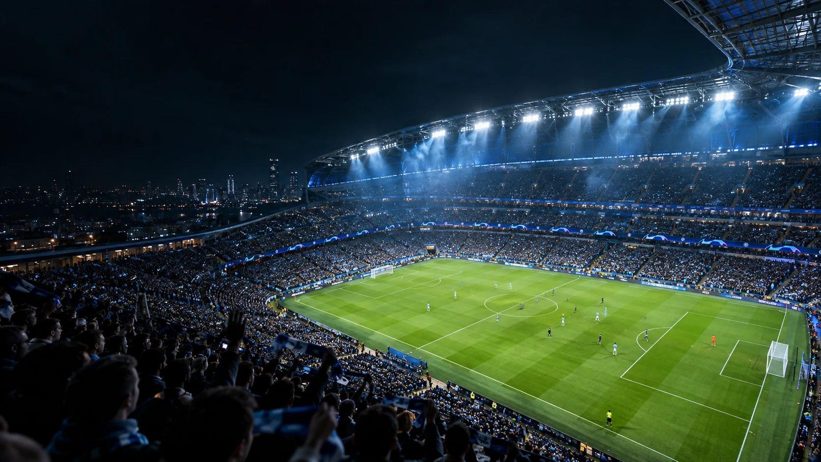 Un estadio de fútbol iluminado con público en las gradas